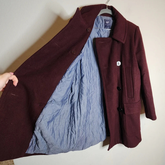 GAP Wool-blend Burgundy Double-breasted Long Pea Coat Heavy Women's Size Large - Picture 4 of 16